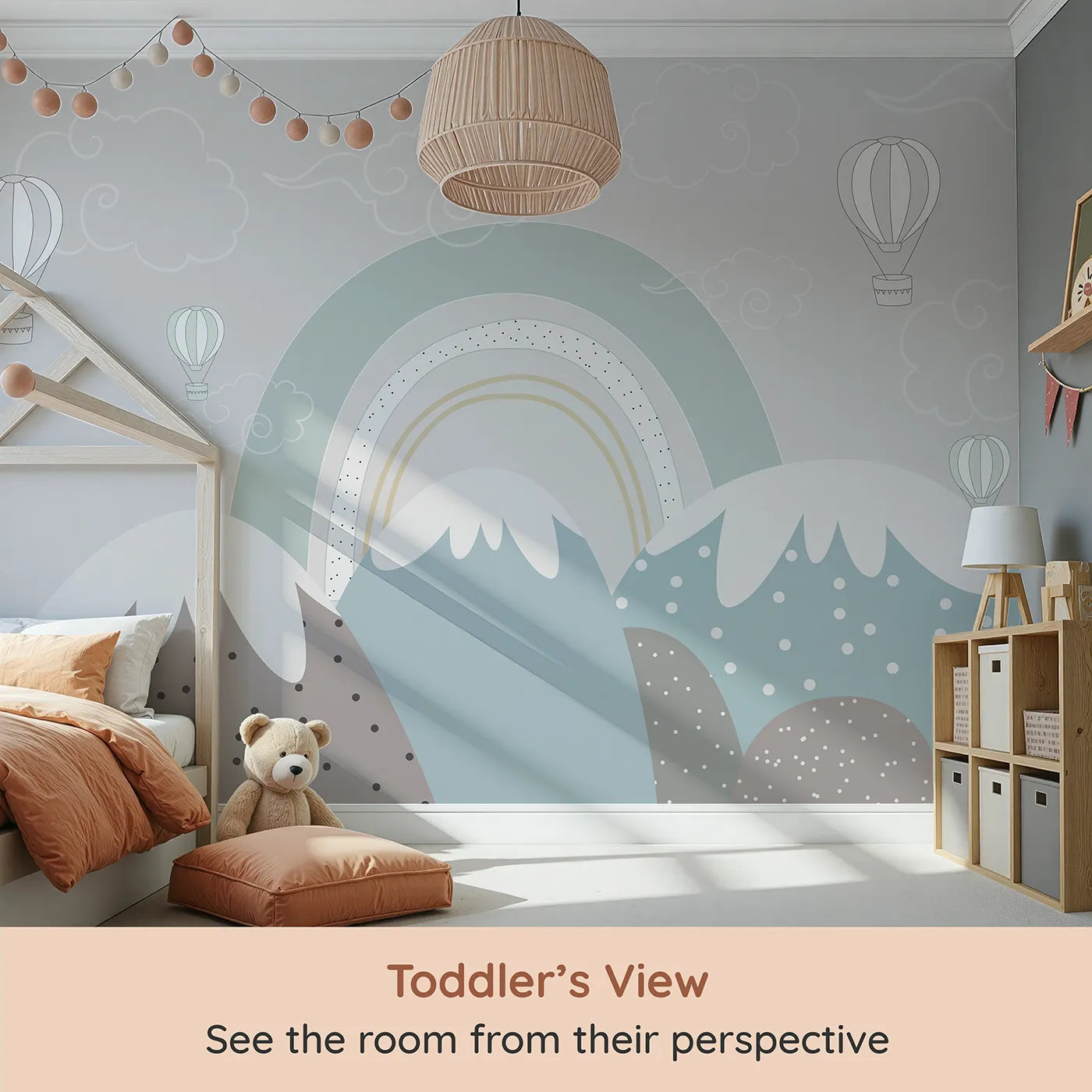 Whimsy Tots Boho Rainbow Mountains Wall Mural (Turn Their Room into a Calm and Gentle, Modern Landscape) from your child's view.Gender-Neutral