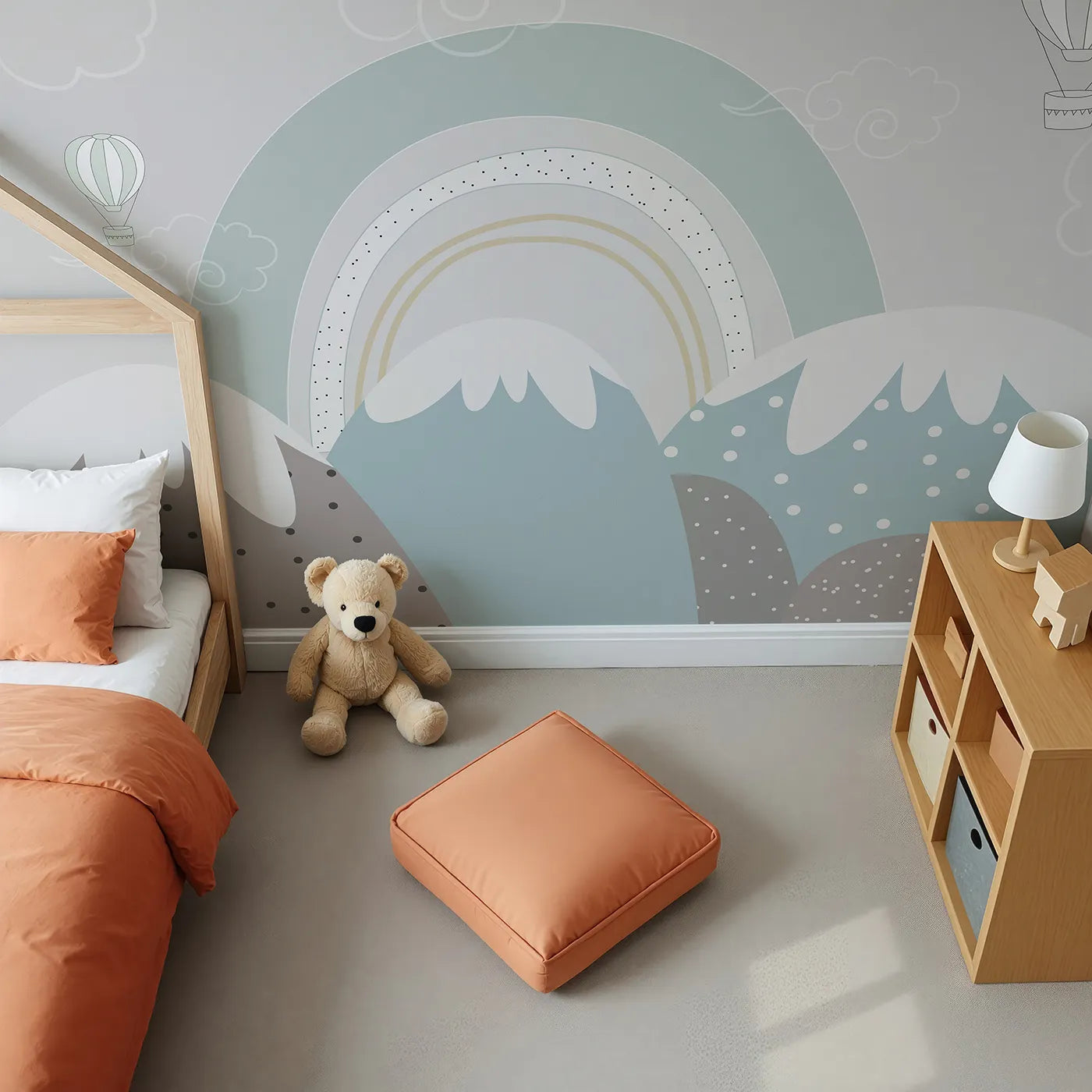 Top-down view of Whimsy Tots' Boho Rainbow Mountains Wall Mural (Turn Their Room into a Calm and Gentle, Modern Landscape).Gender-Neutral