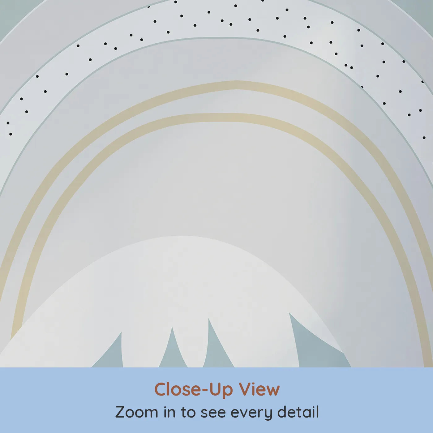 Close-up view of Whimsy Tots' Boho Rainbow Mountains Wall Mural (Turn Their Room into a Calm and Gentle, Modern Landscape).Gender-Neutral