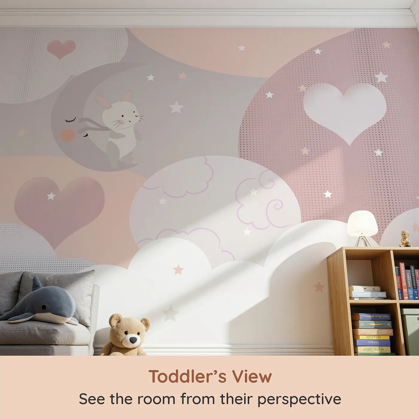 Whimsy Tots Bunny Love Wall Mural (Turn Their Room into a Gentle, Starry Dreamland) from your child's view.Gender-Neutral
