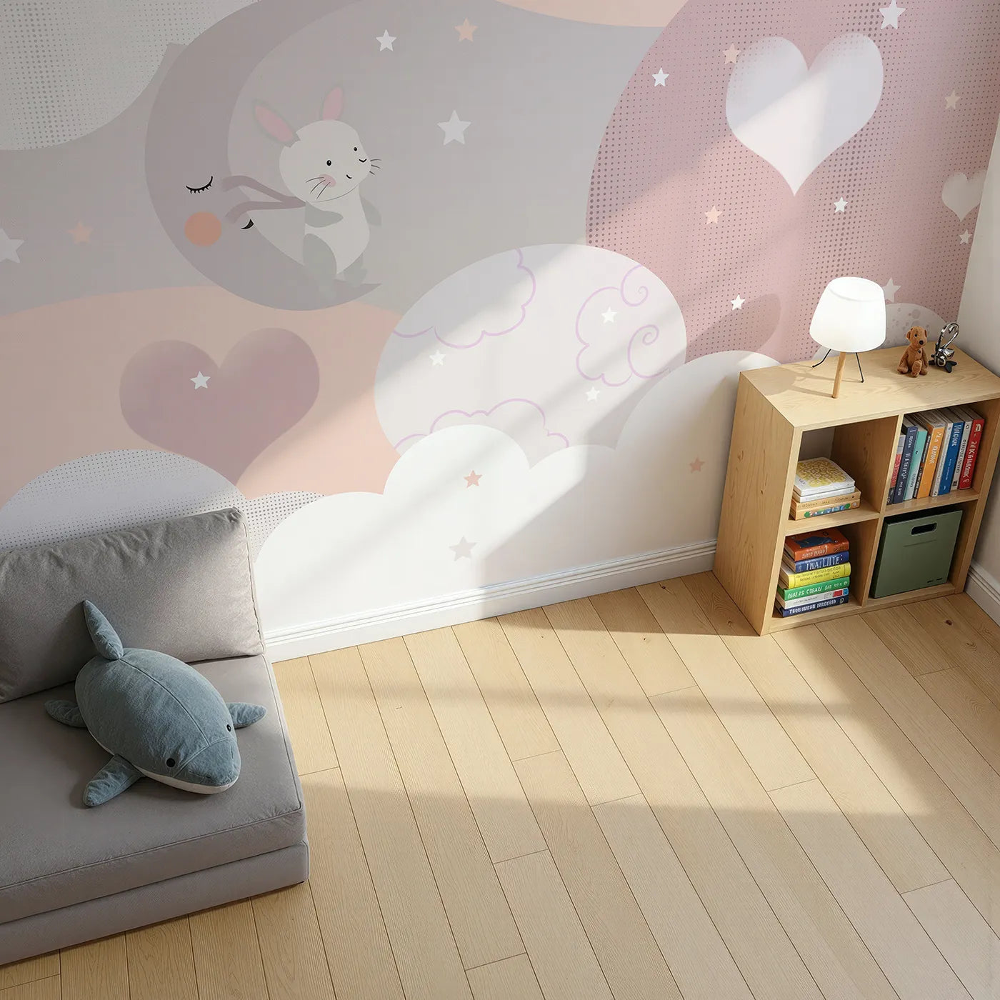 Top-down view of Whimsy Tots' Bunny Love Wall Mural (Turn Their Room into a Gentle, Starry Dreamland).Gender-Neutral
