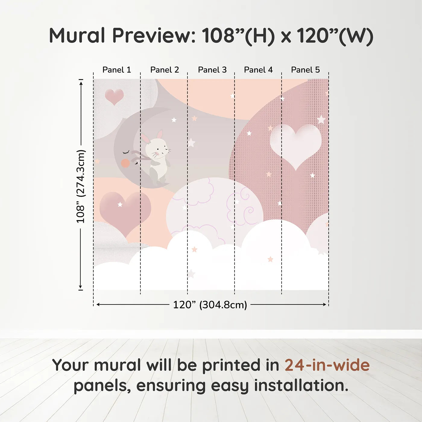Whimsy Tots Bunny Love Wall Muraldimension view (108" H x 120" W). Printed in five 24-inch-wide panels. Gender-Neutral