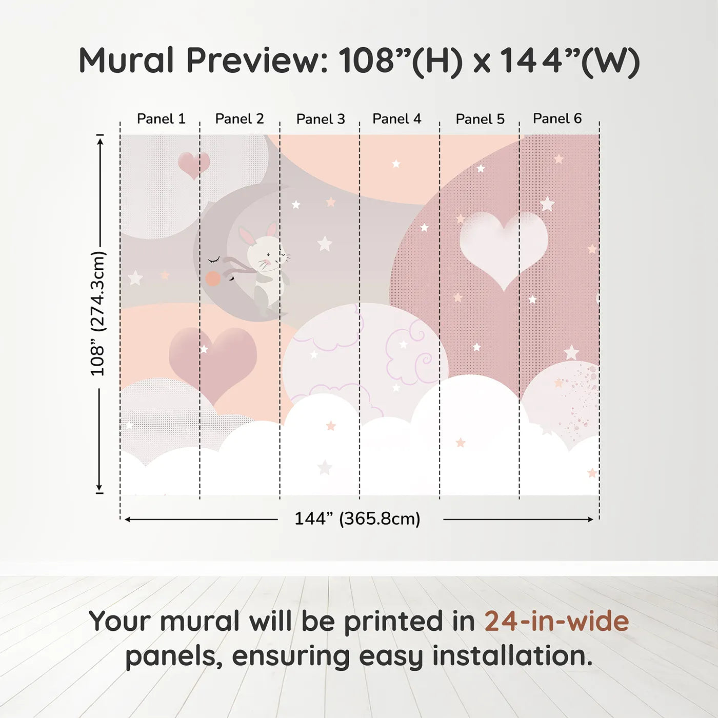 Whimsy Tots Bunny Love Wall Muraldimension view (108" H x 144" W). Printed in six 24-inch-wide panels. Gender-Neutral