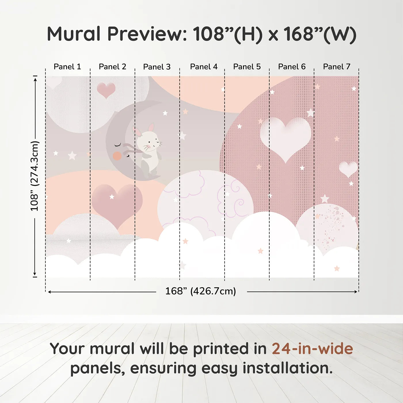 Whimsy Tots Bunny Love Wall Muraldimension view (108" H x 168" W). Printed in seven 24-inch-wide panels. Gender-Neutral