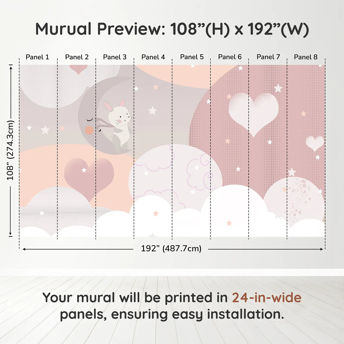 Whimsy Tots Bunny Love Wall Muraldimension view (108" H x 192" W). Printed in eight 24-inch-wide panels. Gender-Neutral