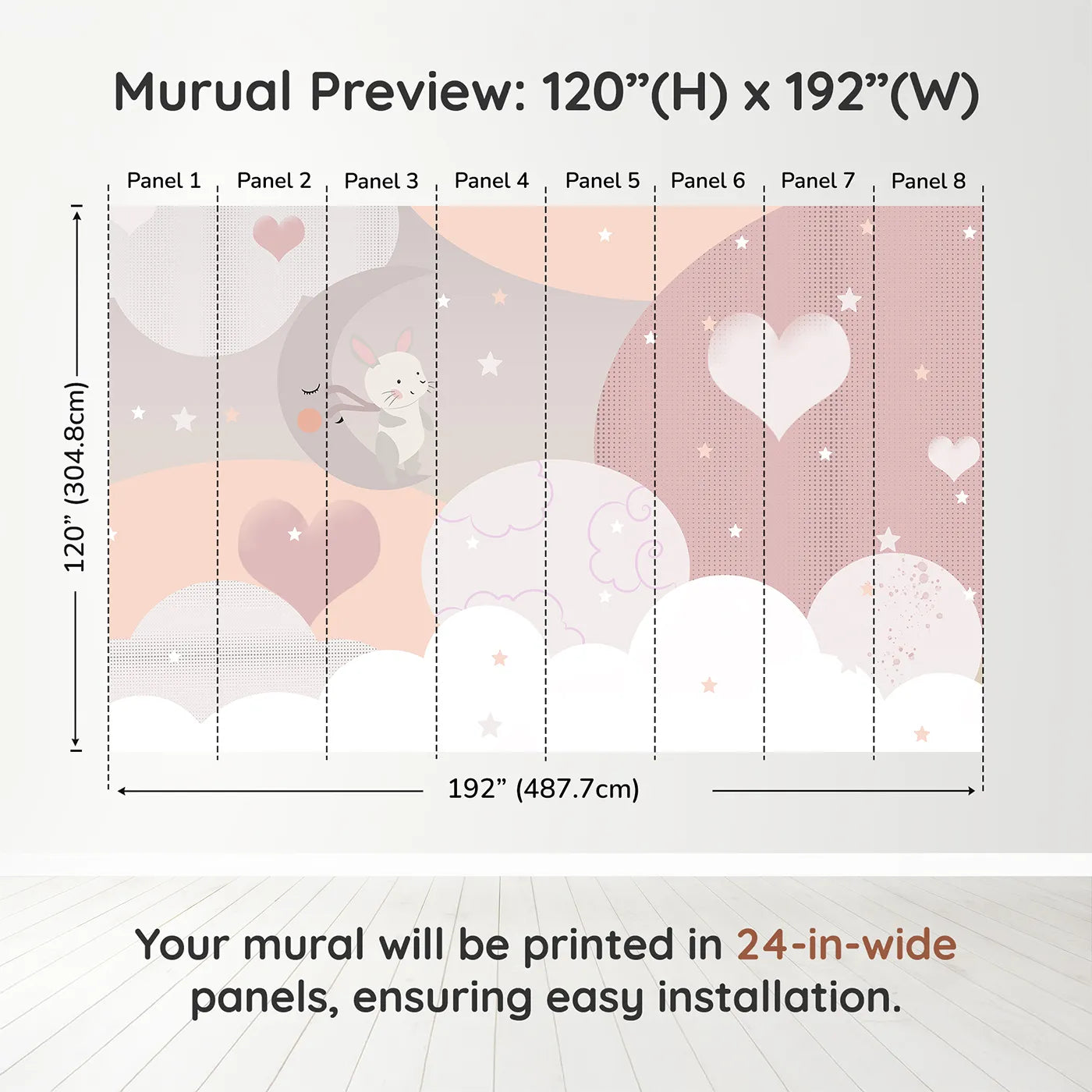Whimsy Tots Bunny Love Wall Muraldimension view (120" H x 192" W). Printed in eight 24-inch-wide panels. Gender-Neutral