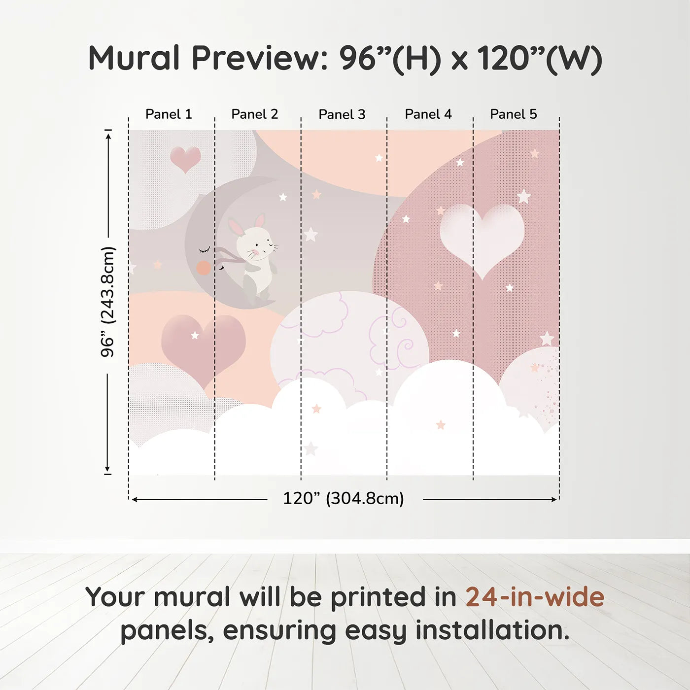 Whimsy Tots Bunny Love Wall Muraldimension view (96" H x 120" W). Printed in five 24-inch-wide panels. Gender-Neutral