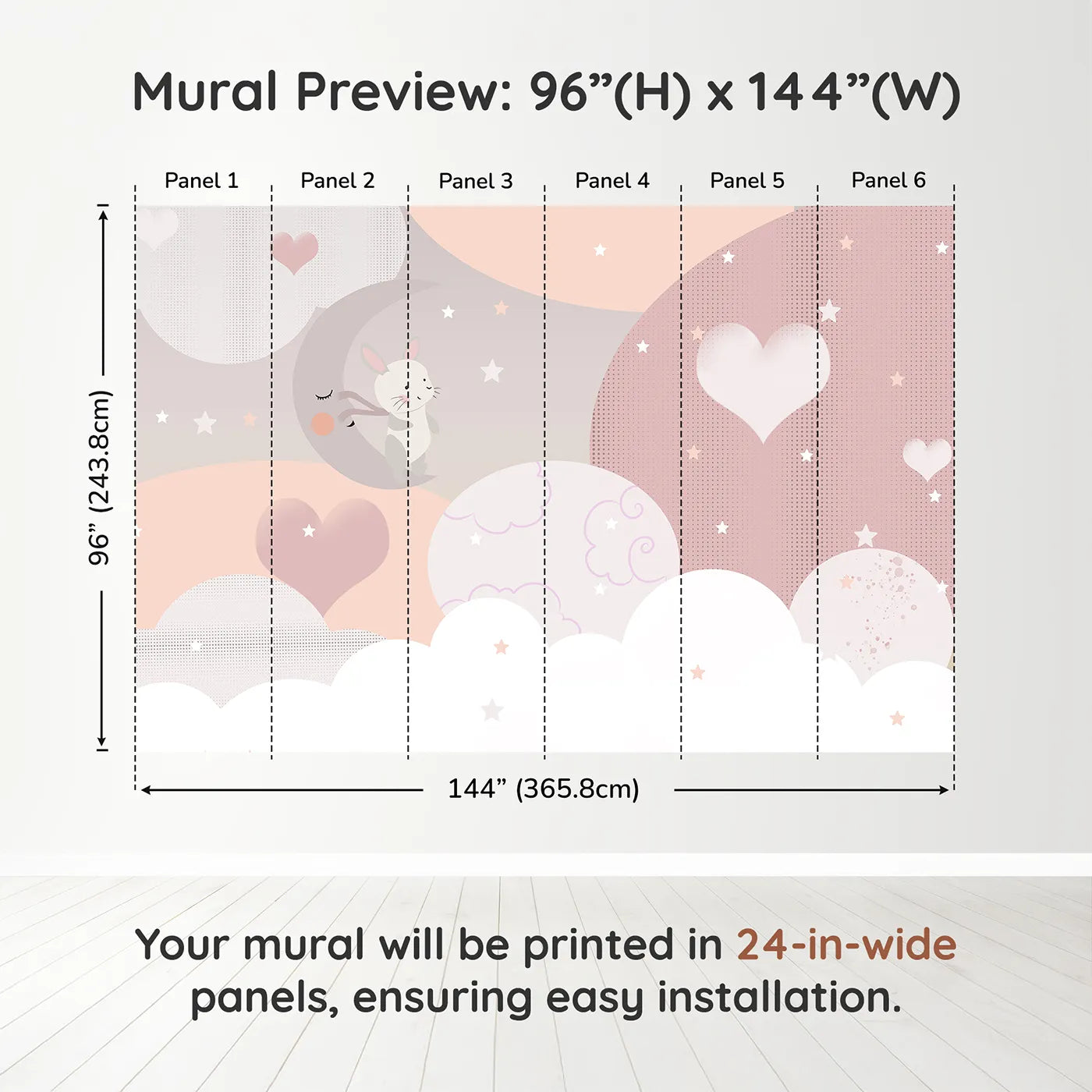 Whimsy Tots Bunny Love Wall Muraldimension view (96" H x 144" W). Printed in six 24-inch-wide panels. Gender-Neutral