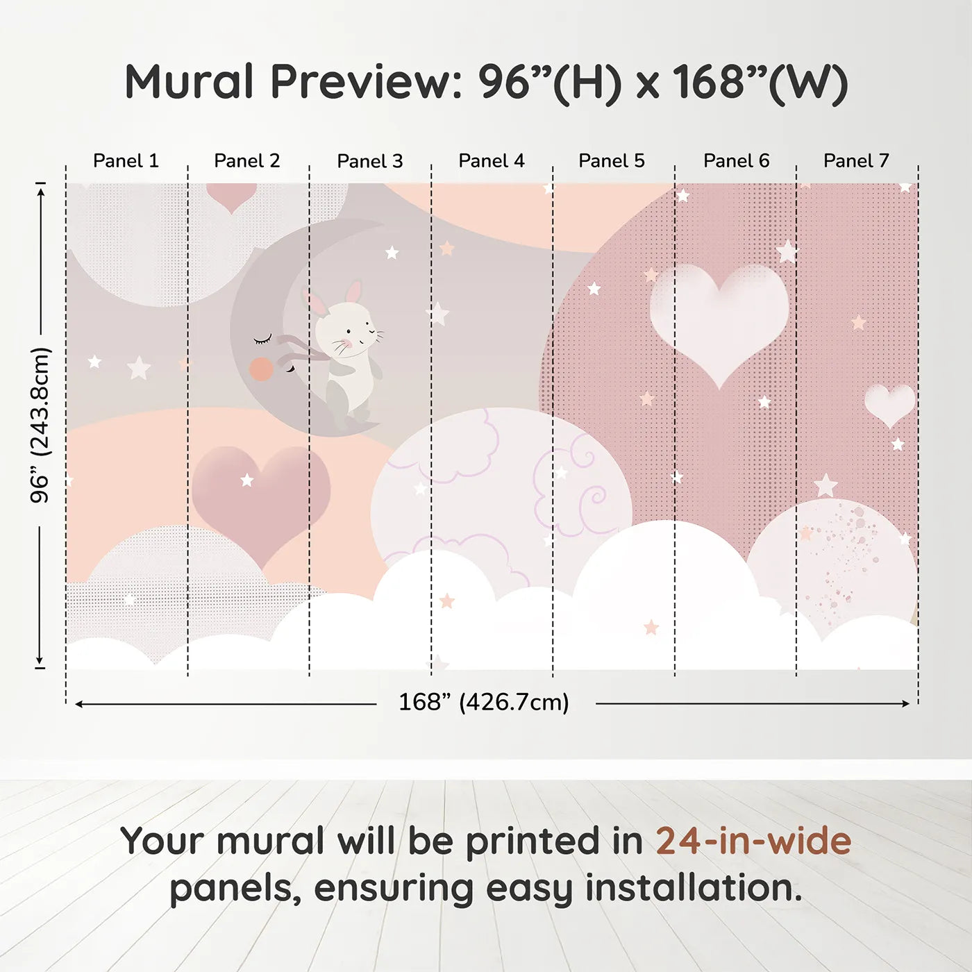 Whimsy Tots Bunny Love Wall Muraldimension view (96" H x 168" W). Printed in seven 24-inch-wide panels. Gender-Neutral