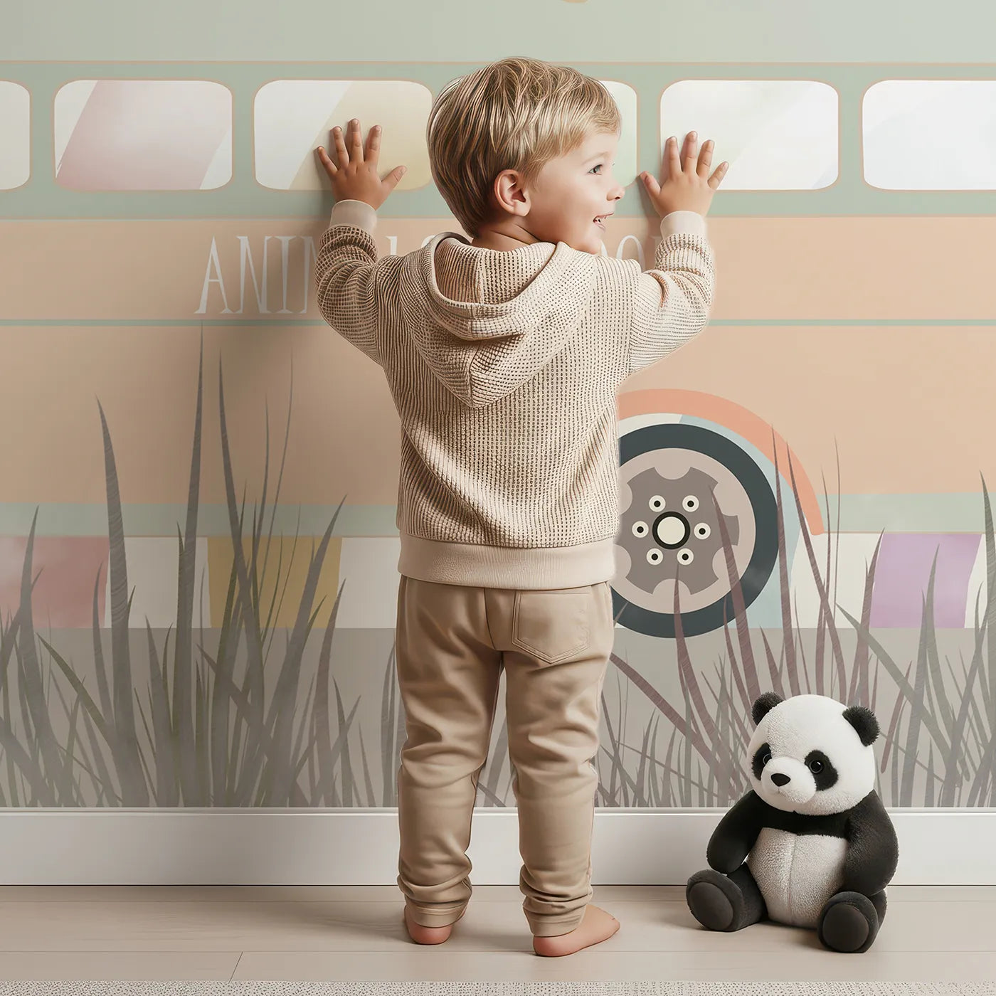 Child in front of Whimsy Tots Animals School Bus Wall Mural with animal, school bus, cute, rainbow, whimsical, bear, fox, elephant in design.