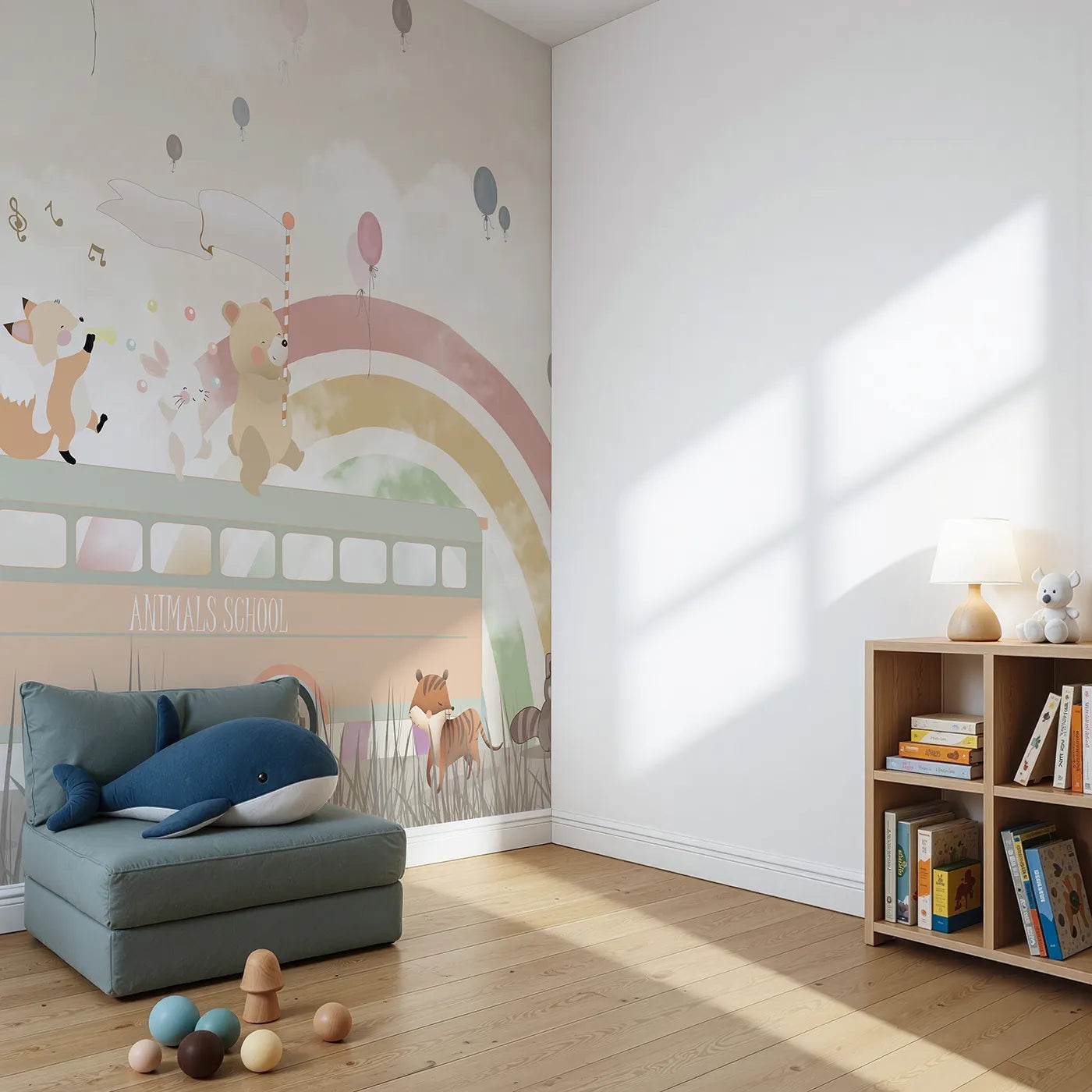 Angled view of Whimsy Tots' Animals School Bus Wall Mural (Turn Their Room into the Happiest, Most Whimsical School Trip).Gender-Neutral