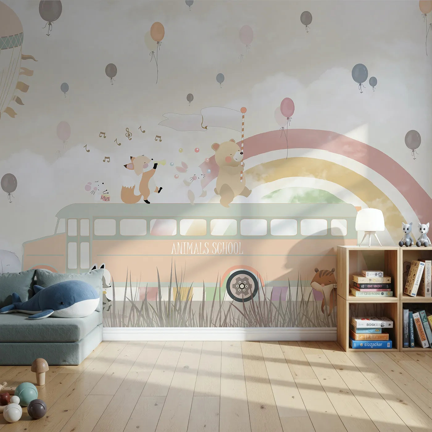Front view of Whimsy Tots' Animals School Bus Wall Mural