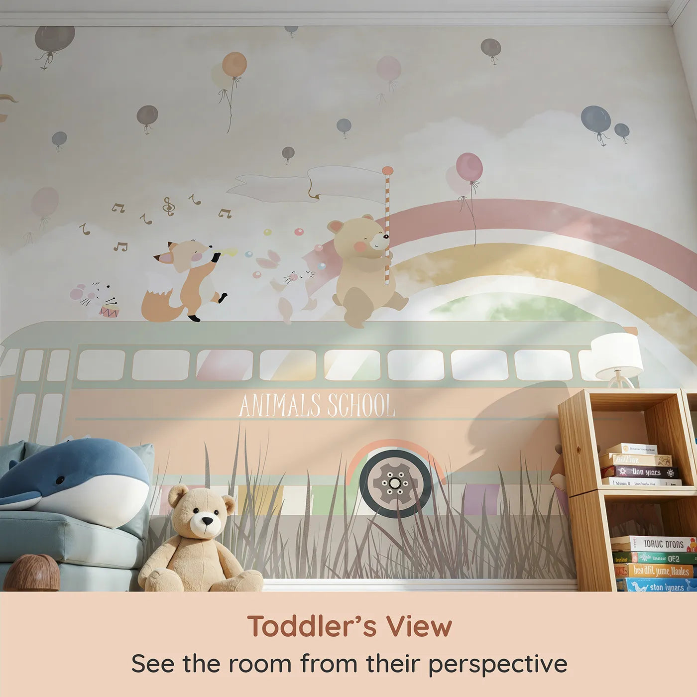 Whimsy Tots Animals School Bus Wall Mural (Turn Their Room into the Happiest, Most Whimsical School Trip) from your child's view.Gender-Neutral