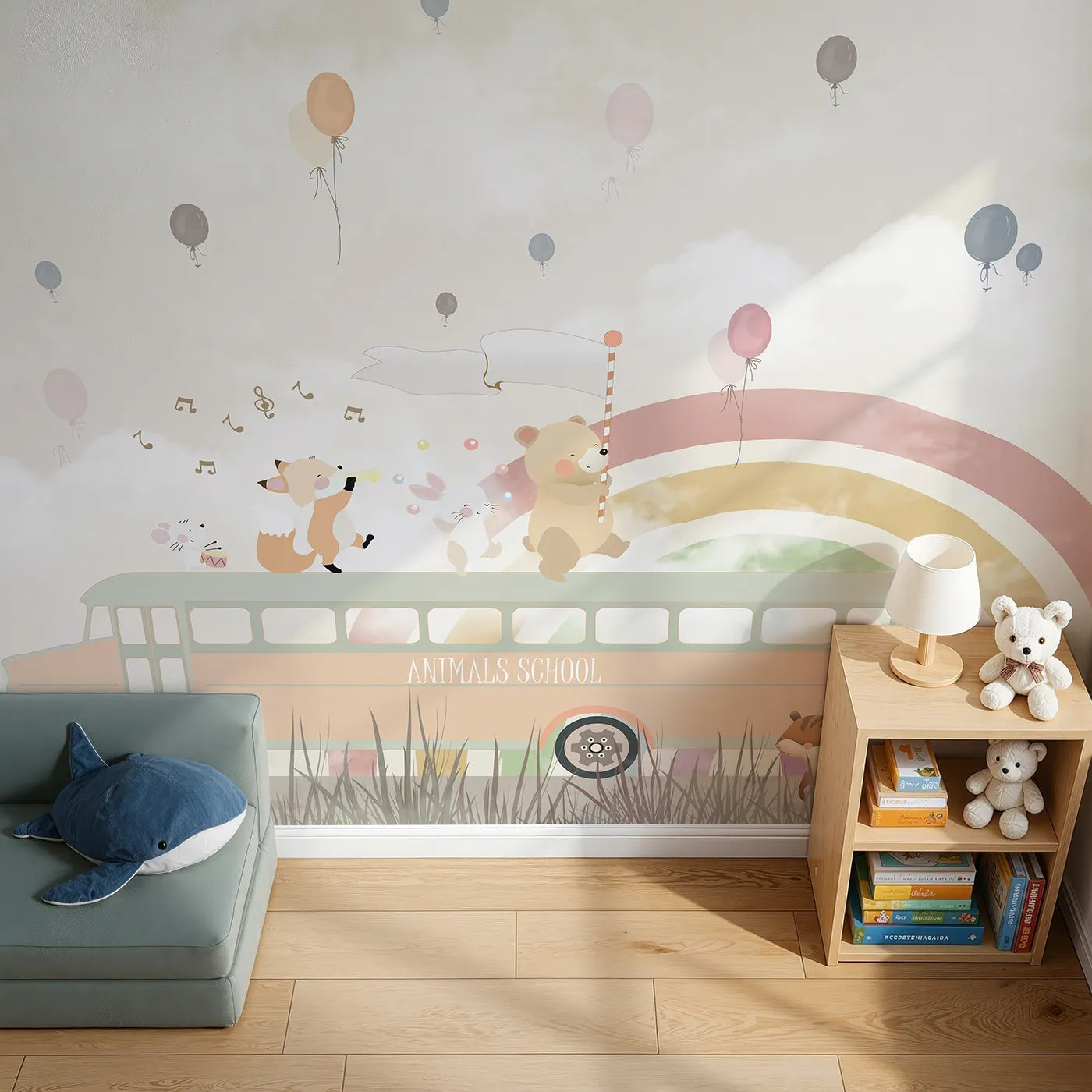 Top-down view of Whimsy Tots' Animals School Bus Wall Mural (Turn Their Room into the Happiest, Most Whimsical School Trip).Gender-Neutral