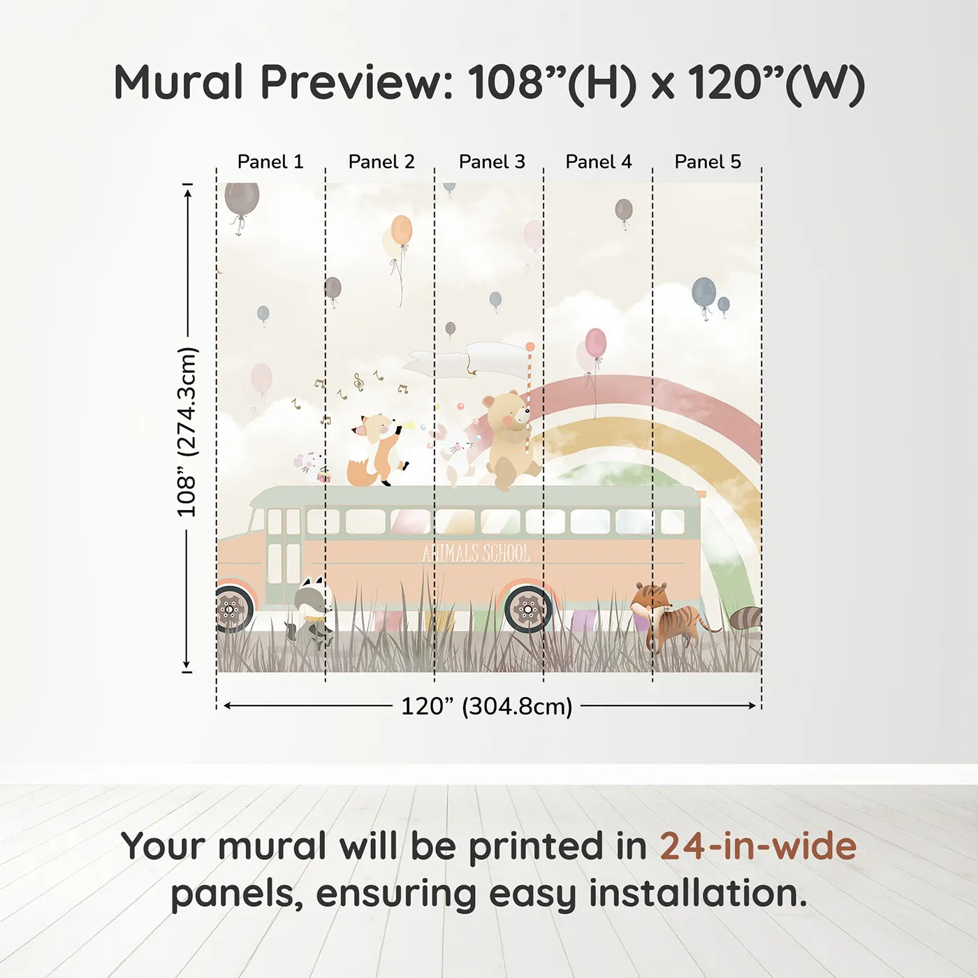 Whimsy Tots Animals School Bus Wall Muraldimension view (108" H x 120" W). Printed in five 24-inch-wide panels. Gender-Neutral