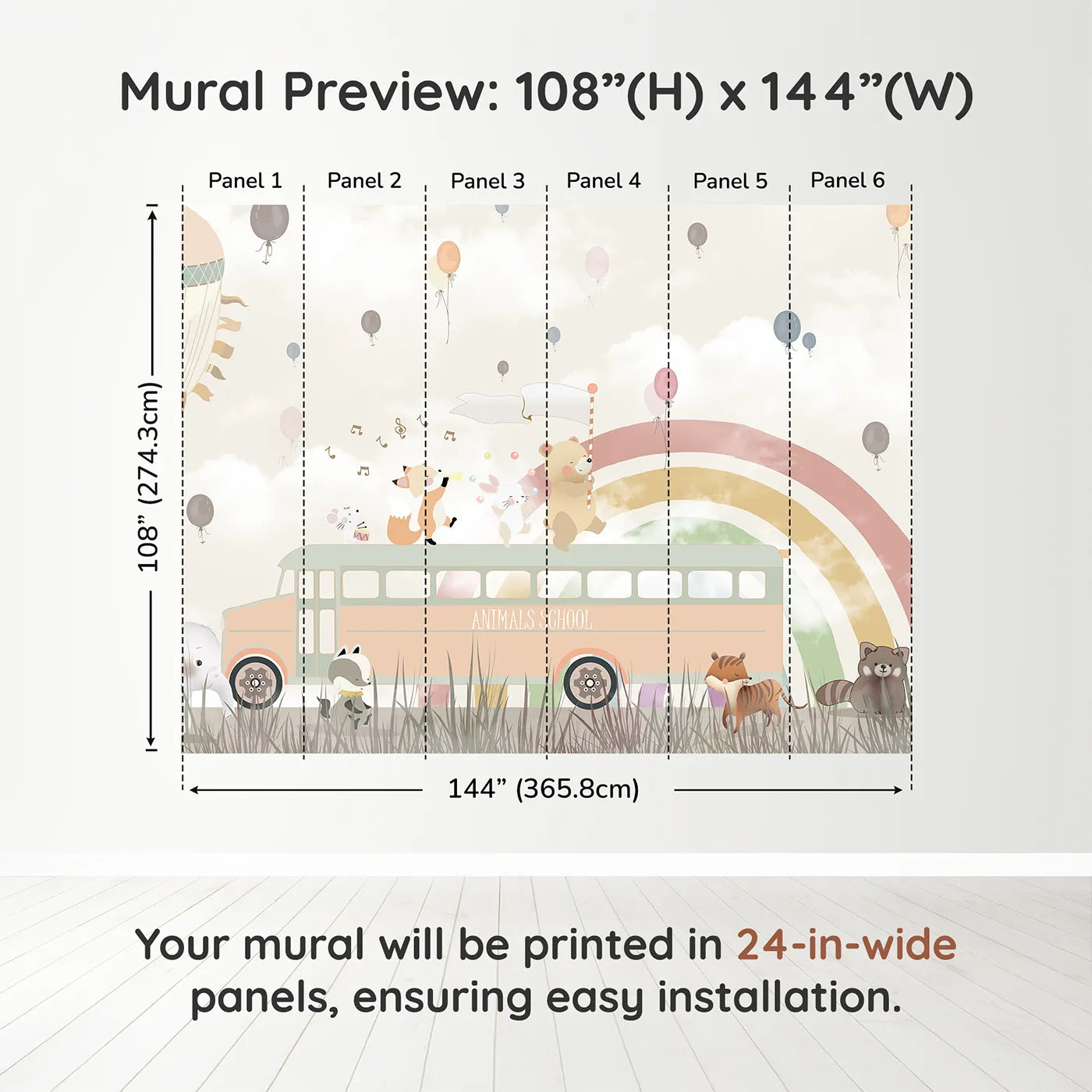 Whimsy Tots Animals School Bus Wall Muraldimension view (108" H x 144" W). Printed in six 24-inch-wide panels. Gender-Neutral