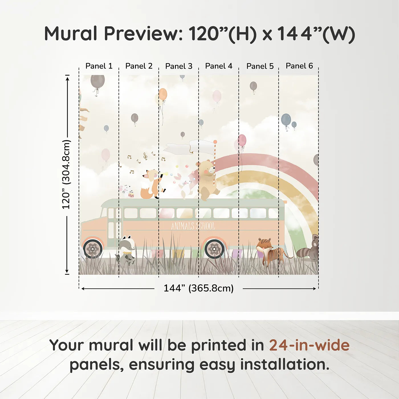 Whimsy Tots Animals School Bus Wall Muraldimension view (120" H x 144" W). Printed in six 24-inch-wide panels. Gender-Neutral
