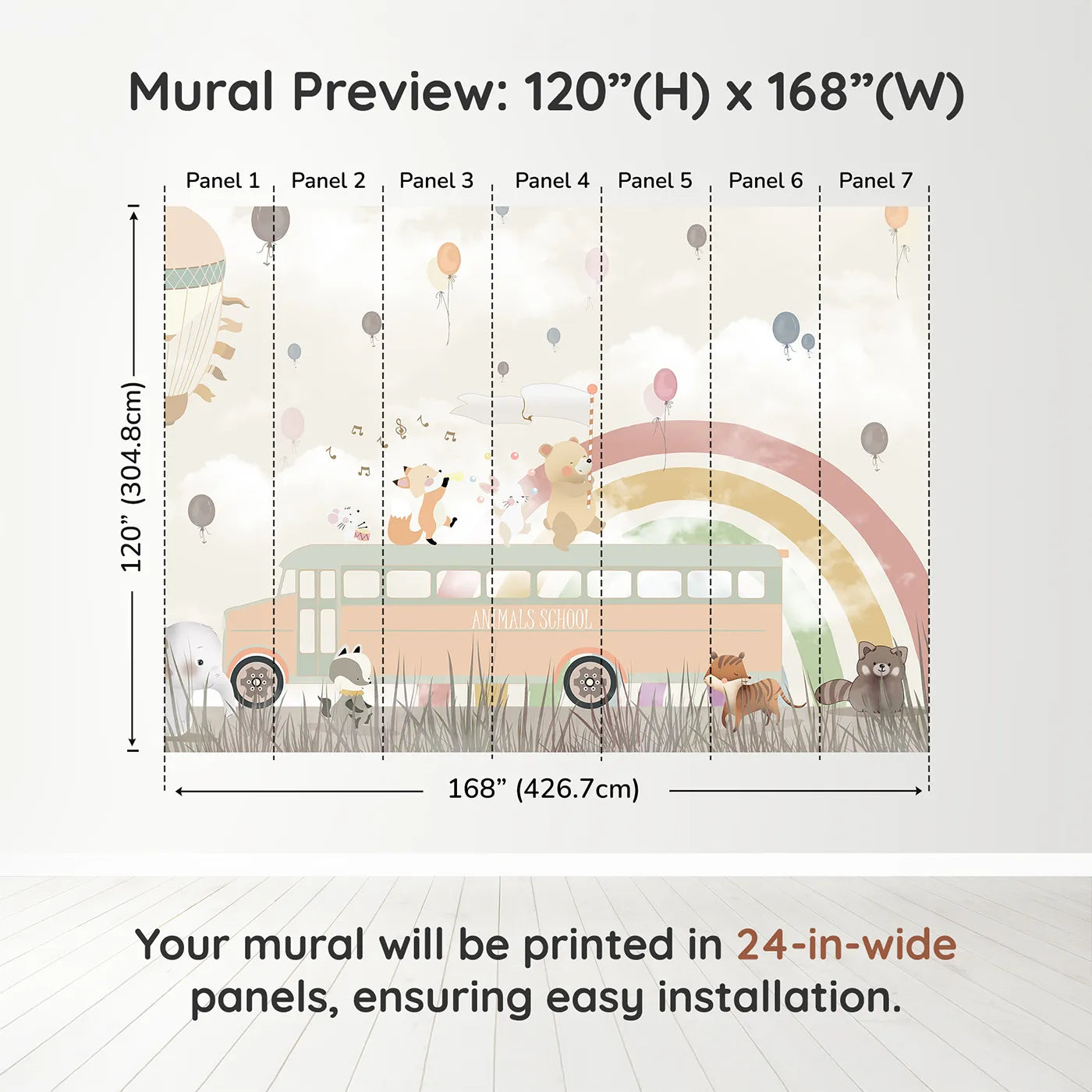 Whimsy Tots Animals School Bus Wall Muraldimension view (120" H x 168" W). Printed in seven 24-inch-wide panels. Gender-Neutral