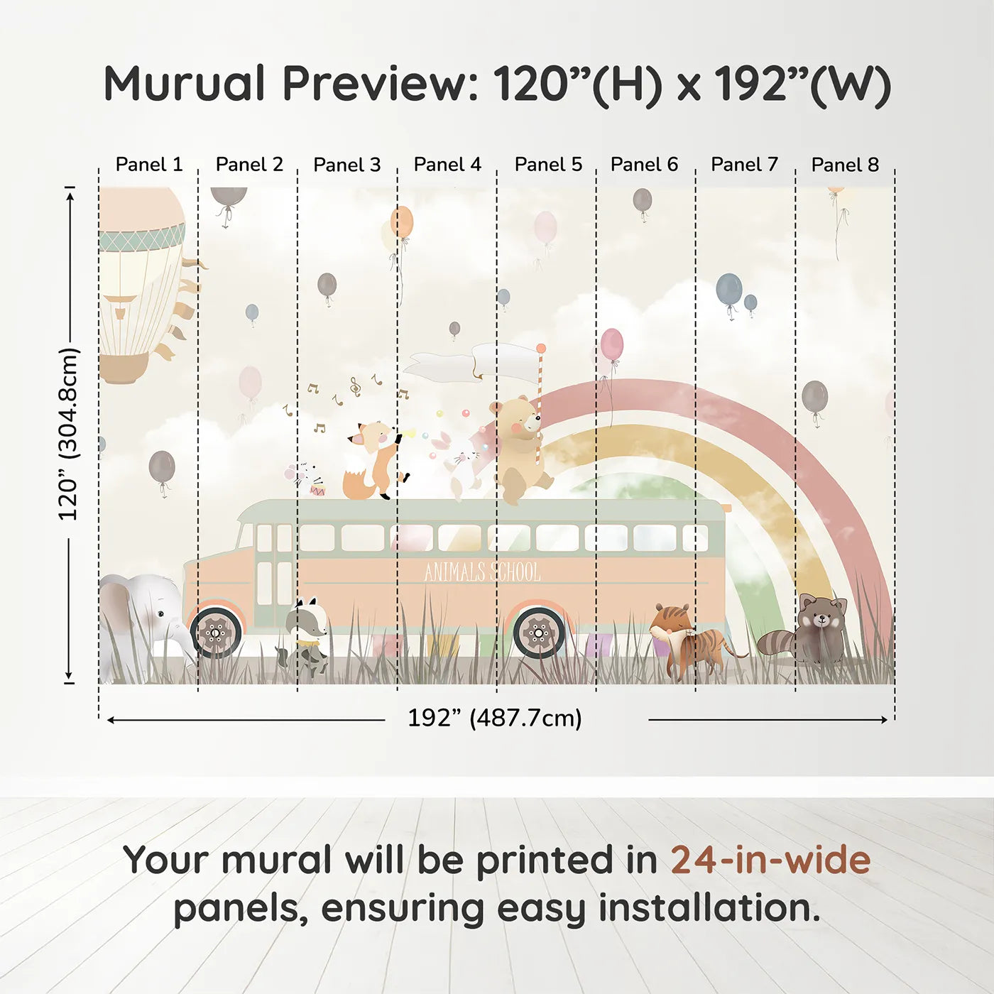 Whimsy Tots Animals School Bus Wall Muraldimension view (120" H x 192" W). Printed in eight 24-inch-wide panels. Gender-Neutral