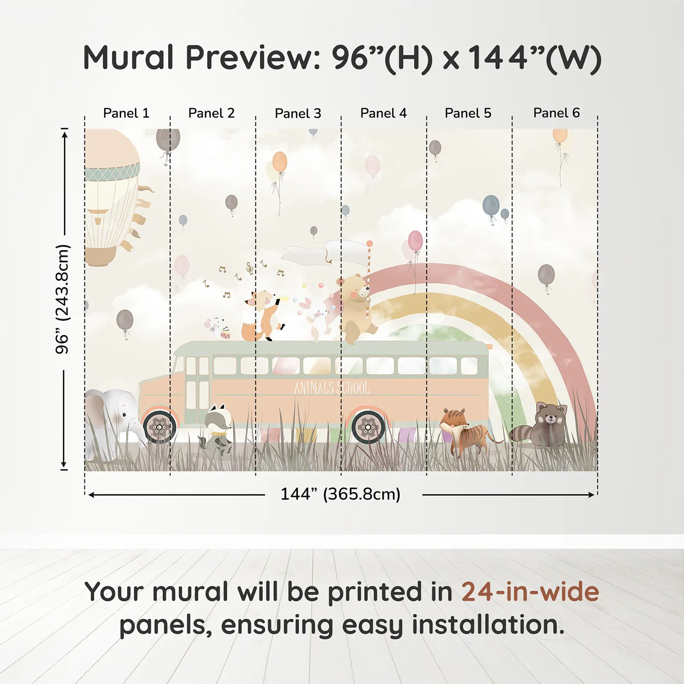 Whimsy Tots Animals School Bus Wall Muraldimension view (96" H x 144" W). Printed in six 24-inch-wide panels. Gender-Neutral