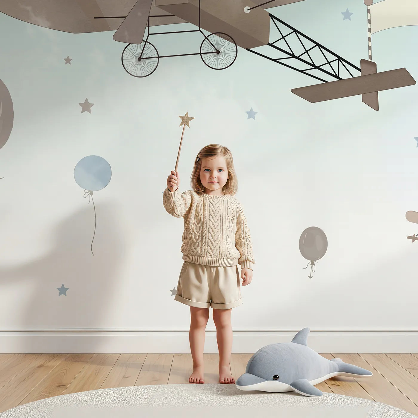Child in front of Whimsy Tots Vintage Sky Adventure Wall Mural in Blue with airplane, balloon, vintage, sky, cloud, retro, blue, biplane in design.
