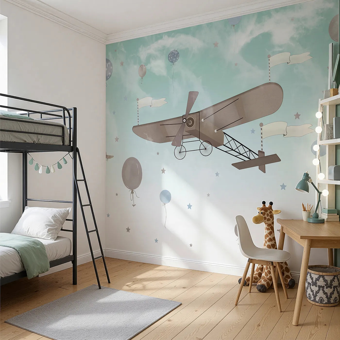 Angled view of Whimsy Tots' Vintage Sky Adventure Wall Mural in Blue (Turn Their Room into a Dreamy, High-Flying Adventure).Gender-Neutral