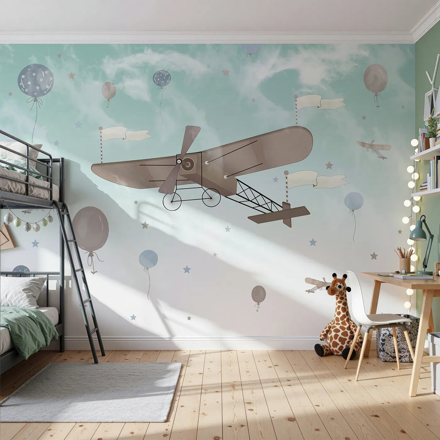 Front view of Whimsy Tots' Vintage Sky Adventure Wall Mural in Blue