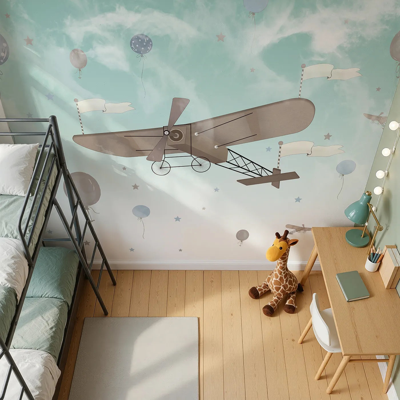 Top-down view of Whimsy Tots' Vintage Sky Adventure Wall Mural in Blue (Turn Their Room into a Dreamy, High-Flying Adventure).Gender-Neutral