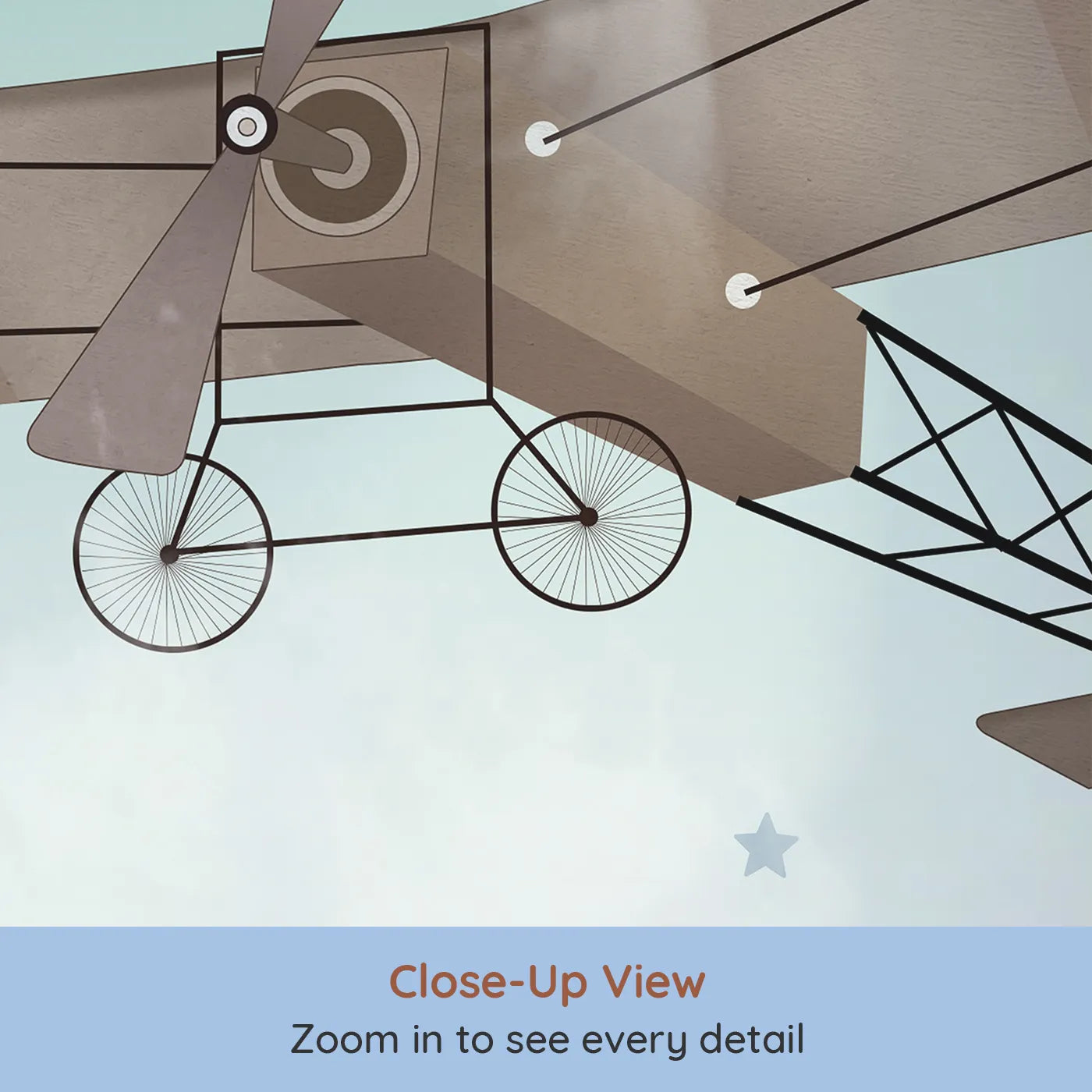 Close-up view of Whimsy Tots' Vintage Sky Adventure Wall Mural in Blue (Turn Their Room into a Dreamy, High-Flying Adventure).Gender-Neutral