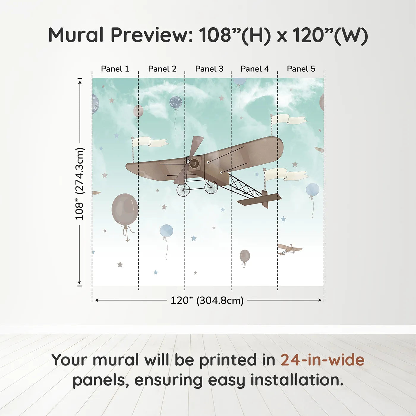 Whimsy Tots Vintage Sky Adventure Wall Mural in Bluedimension view (108" H x 120" W). Printed in five 24-inch-wide panels. Gender-Neutral