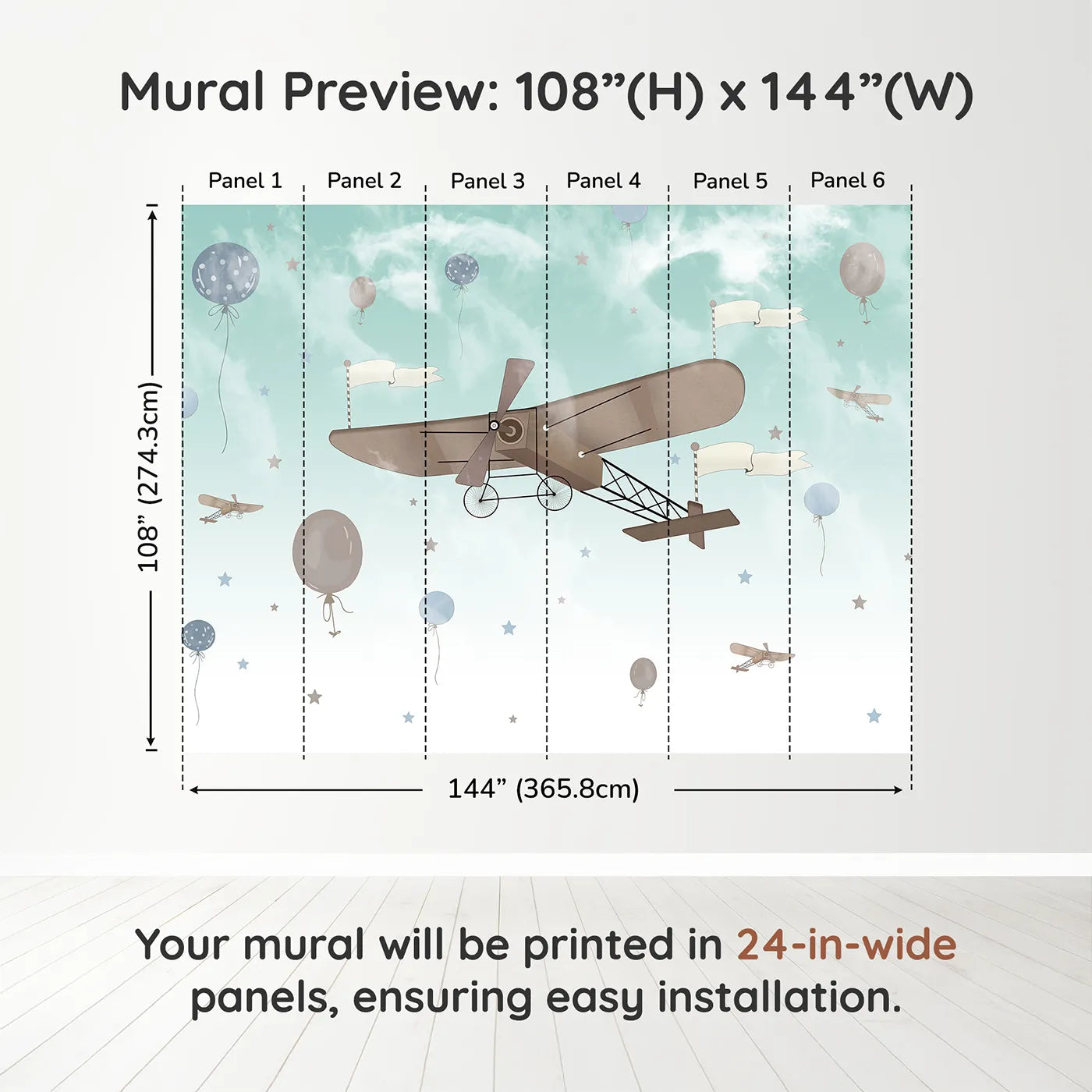 Whimsy Tots Vintage Sky Adventure Wall Mural in Bluedimension view (108" H x 144" W). Printed in six 24-inch-wide panels. Gender-Neutral