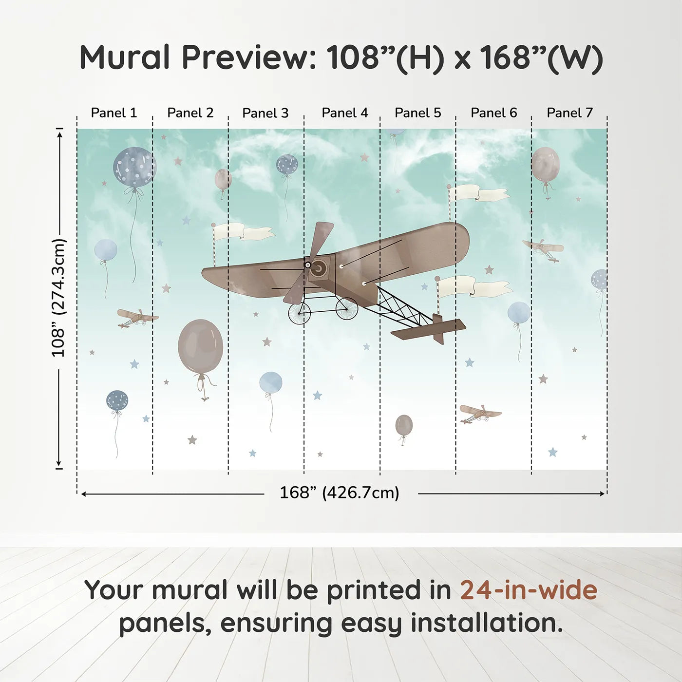 Whimsy Tots Vintage Sky Adventure Wall Mural in Bluedimension view (108" H x 168" W). Printed in seven 24-inch-wide panels. Gender-Neutral