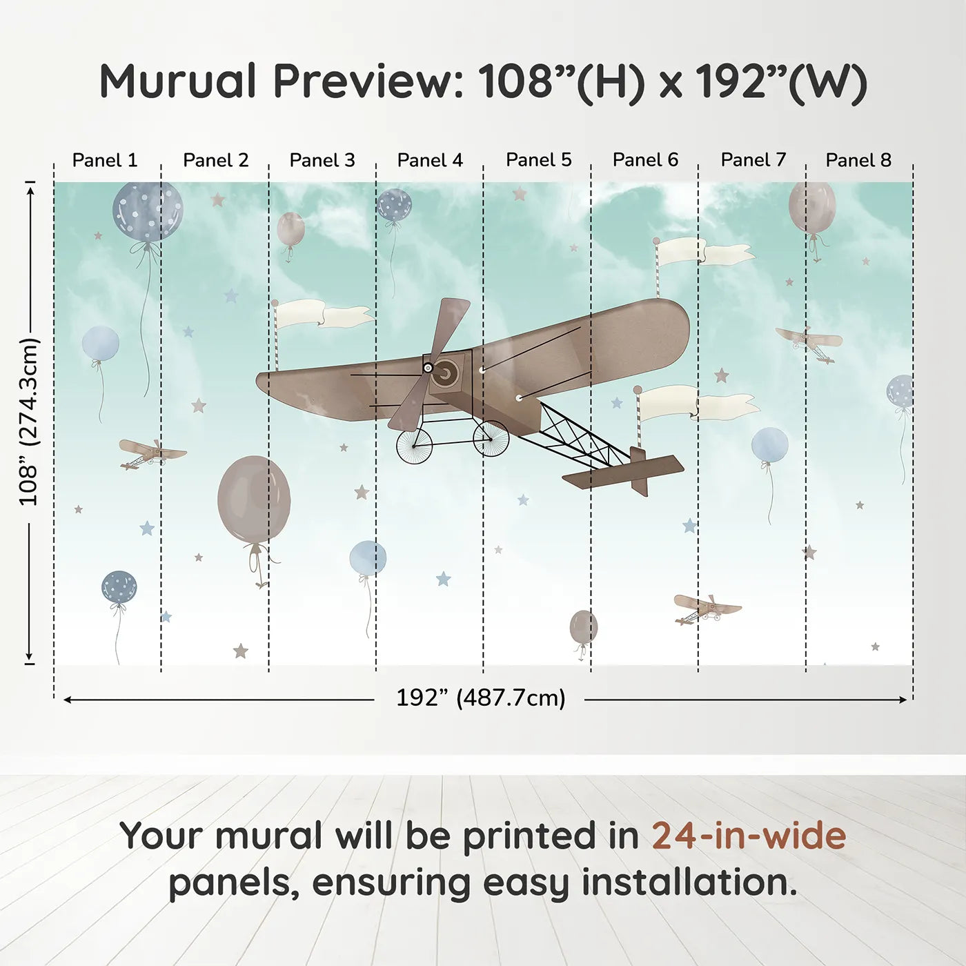 Whimsy Tots Vintage Sky Adventure Wall Mural in Bluedimension view (108" H x 192" W). Printed in eight 24-inch-wide panels. Gender-Neutral