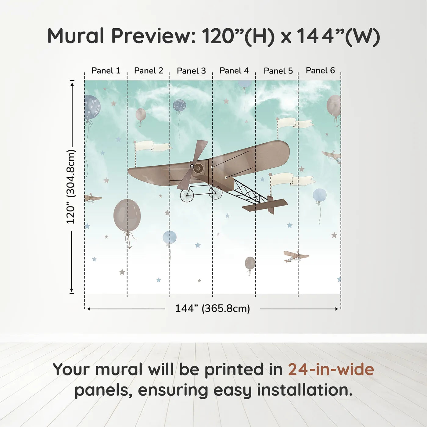 Whimsy Tots Vintage Sky Adventure Wall Mural in Bluedimension view (120" H x 144" W). Printed in six 24-inch-wide panels. Gender-Neutral