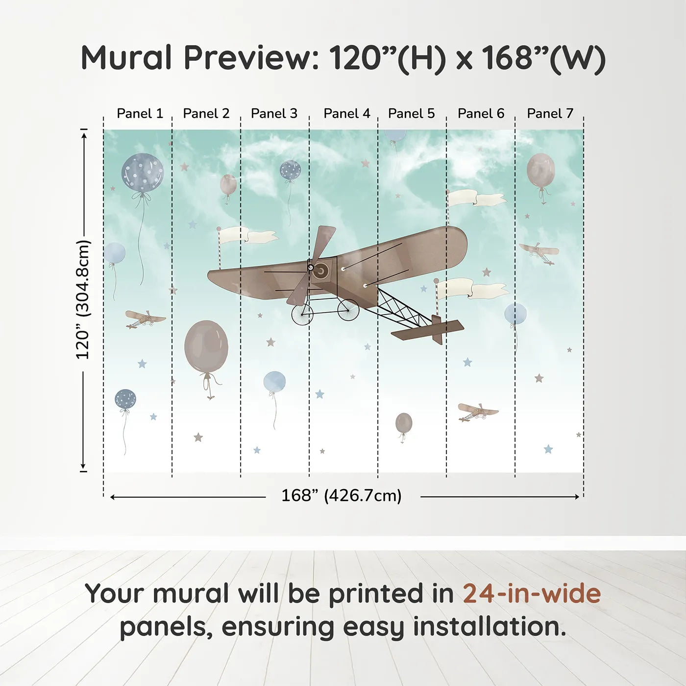 Whimsy Tots Vintage Sky Adventure Wall Mural in Bluedimension view (120" H x 168" W). Printed in seven 24-inch-wide panels. Gender-Neutral