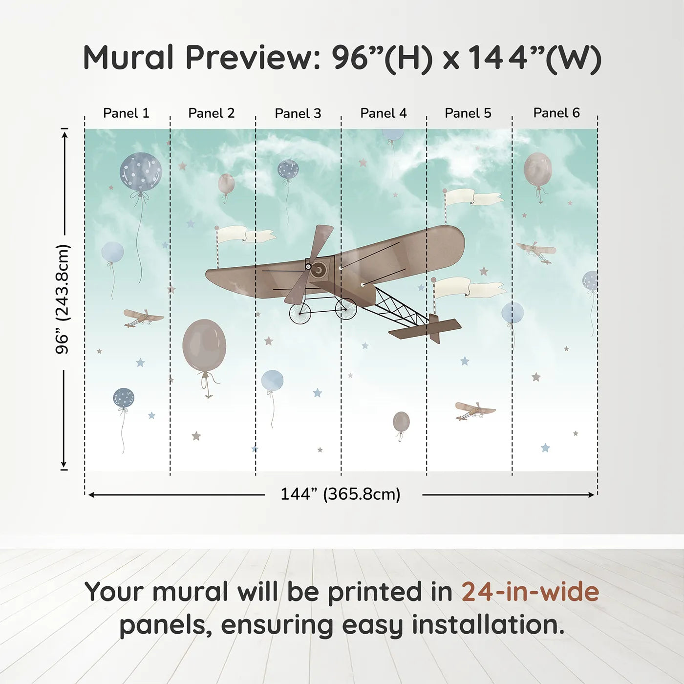 Whimsy Tots Vintage Sky Adventure Wall Mural in Bluedimension view (96" H x 144" W). Printed in six 24-inch-wide panels. Gender-Neutral