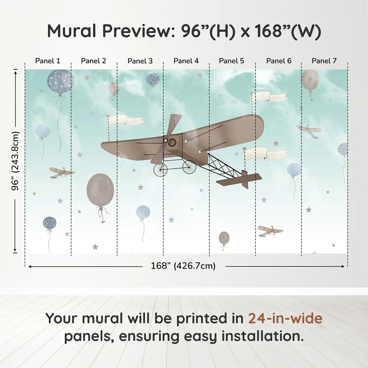 Whimsy Tots Vintage Sky Adventure Wall Mural in Bluedimension view (96" H x 168" W). Printed in seven 24-inch-wide panels. Gender-Neutral