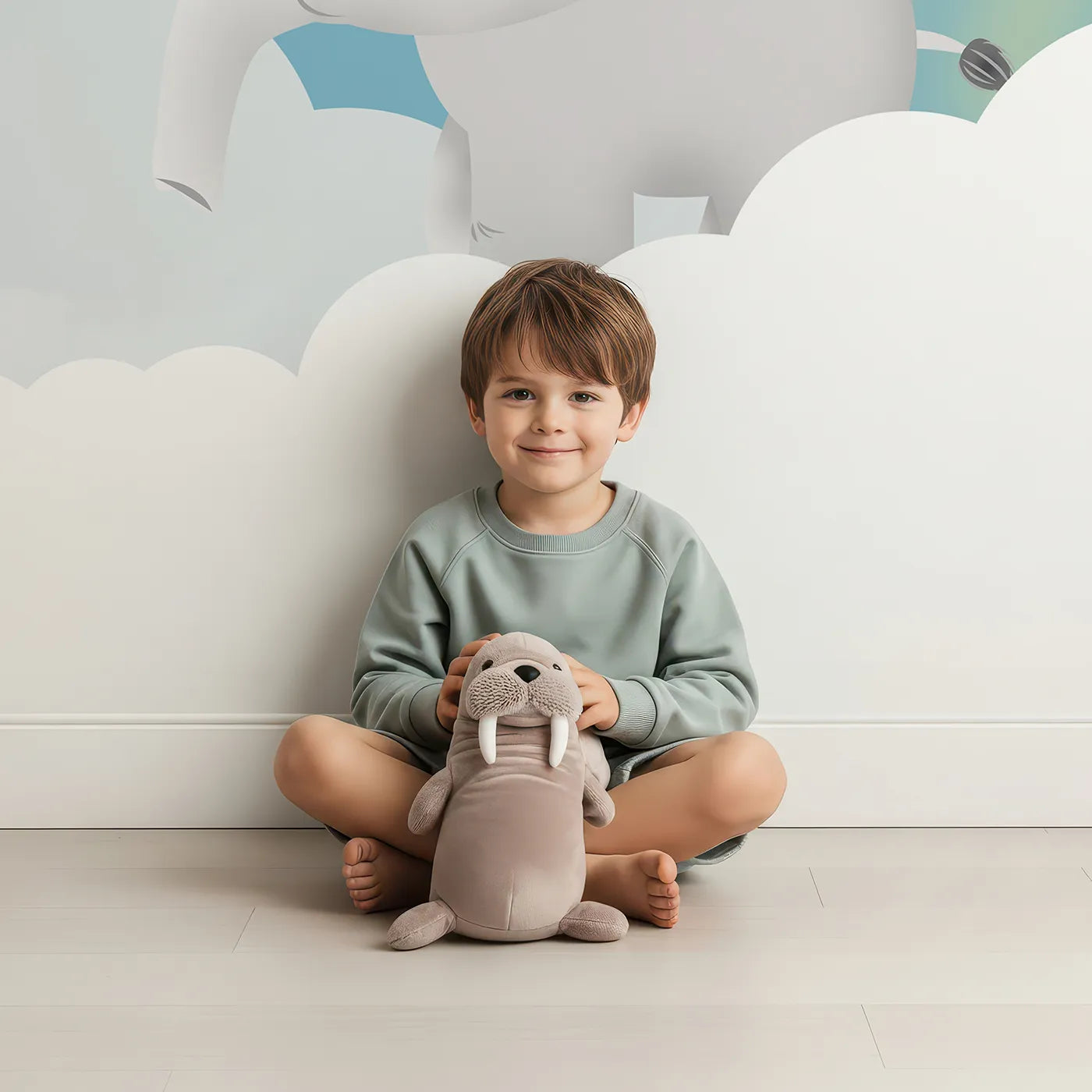 Child in front of Whimsy Tots Rainbow Cloud Friends Wall Mural with animal, cloud, cute, rainbow, sky, elephant, tiger, rabbit in design.