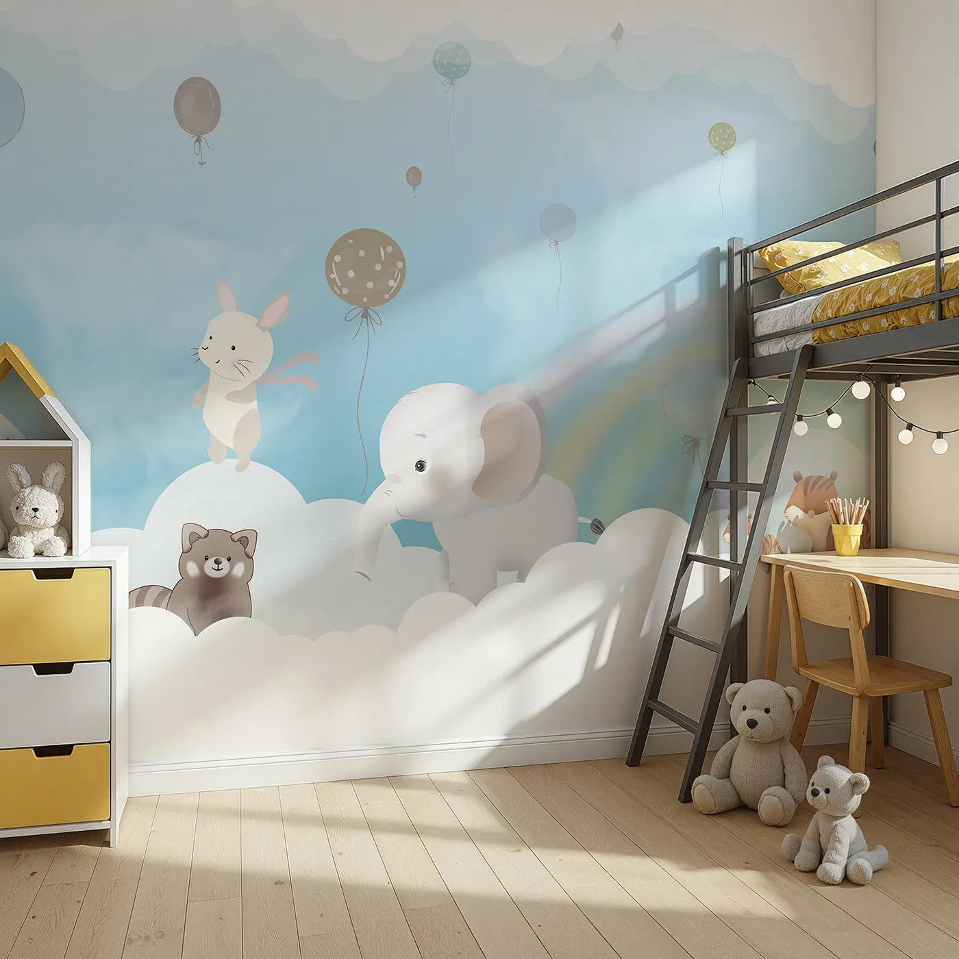 Angled view of Whimsy Tots' Rainbow Cloud Friends Wall Mural (Turn Their Room into a Gentle, High-Flying Dream).Gender-Neutral