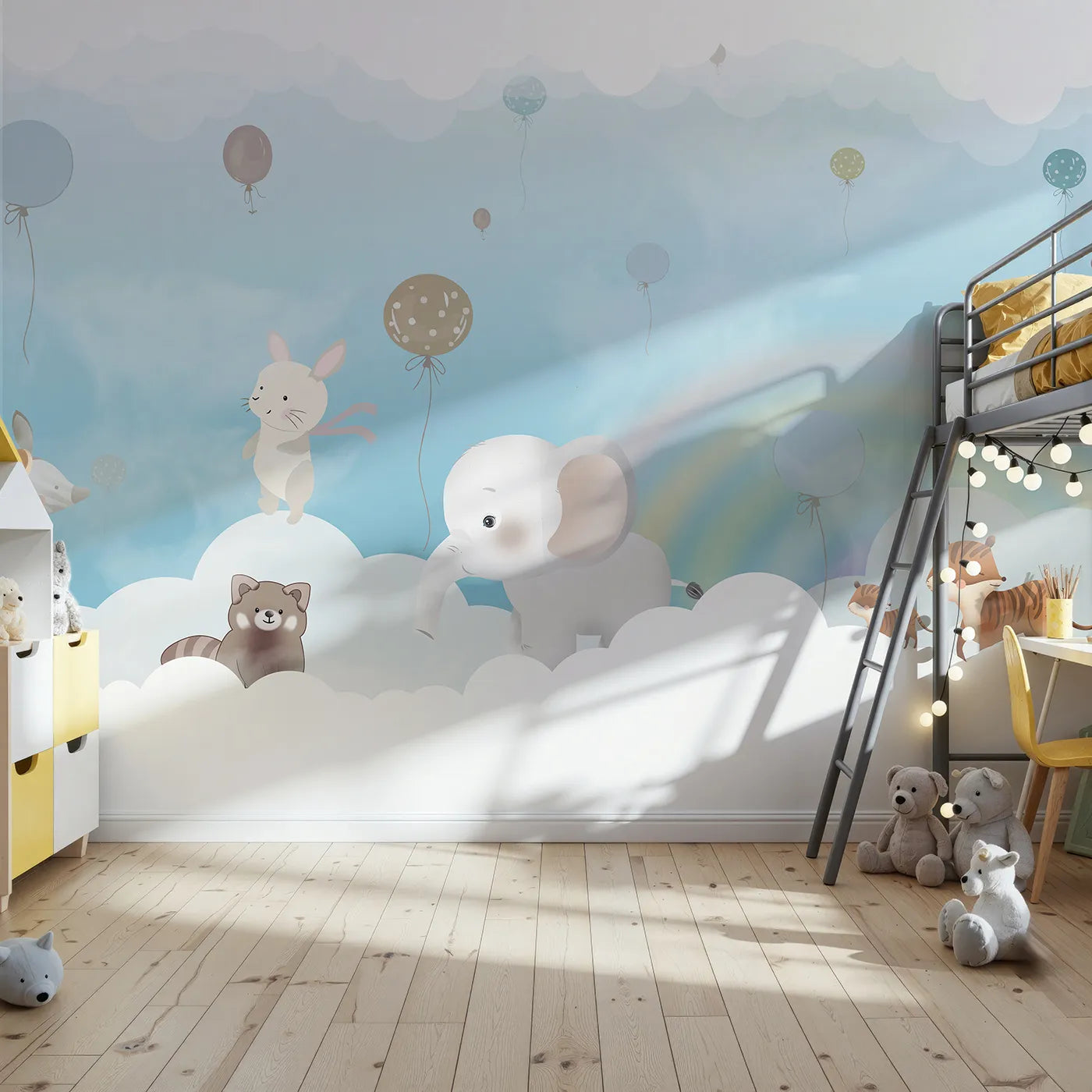 Front view of Whimsy Tots' Rainbow Cloud Friends Wall Mural