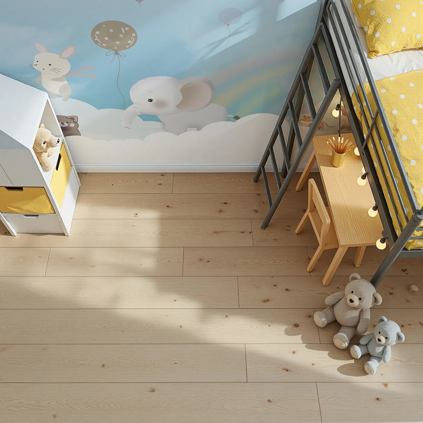 Top-down view of Whimsy Tots' Rainbow Cloud Friends Wall Mural (Turn Their Room into a Gentle, High-Flying Dream).Gender-Neutral
