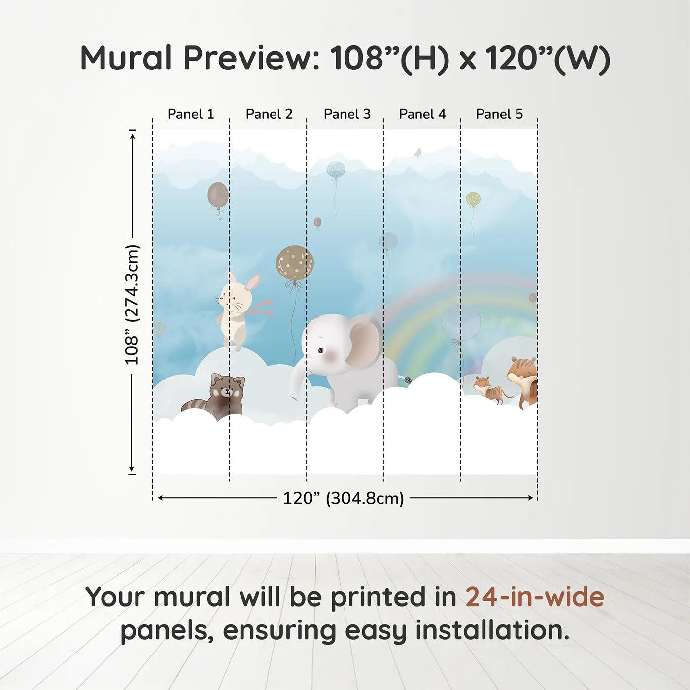 Whimsy Tots Rainbow Cloud Friends Wall Muraldimension view (108" H x 120" W). Printed in five 24-inch-wide panels. Gender-Neutral
