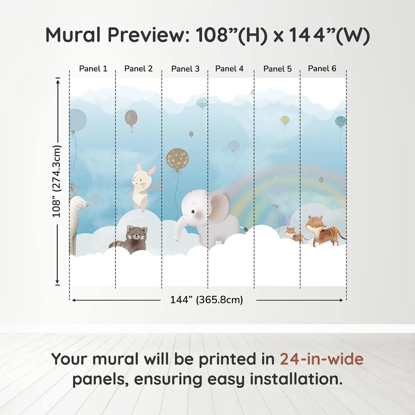 Whimsy Tots Rainbow Cloud Friends Wall Muraldimension view (108" H x 144" W). Printed in six 24-inch-wide panels. Gender-Neutral