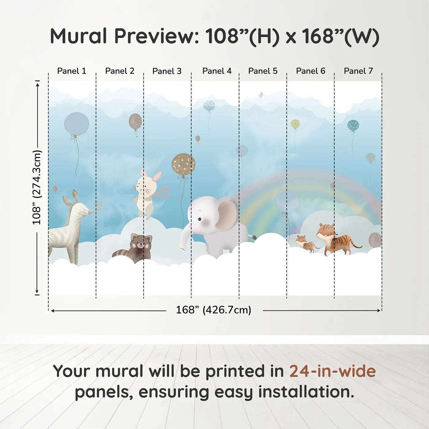 Whimsy Tots Rainbow Cloud Friends Wall Muraldimension view (108" H x 168" W). Printed in seven 24-inch-wide panels. Gender-Neutral