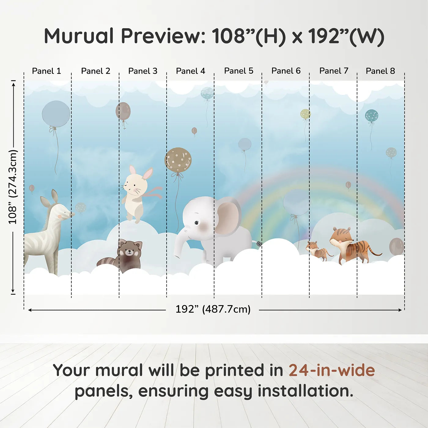 Whimsy Tots Rainbow Cloud Friends Wall Muraldimension view (108" H x 192" W). Printed in eight 24-inch-wide panels. Gender-Neutral