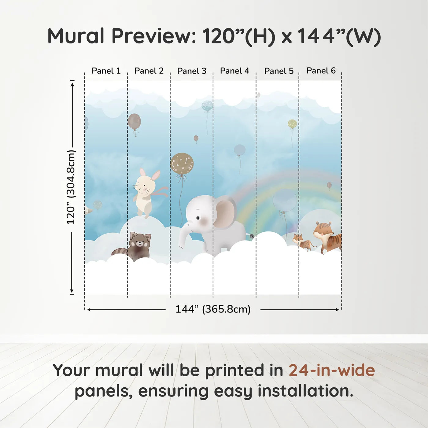 Whimsy Tots Rainbow Cloud Friends Wall Muraldimension view (120" H x 144" W). Printed in six 24-inch-wide panels. Gender-Neutral