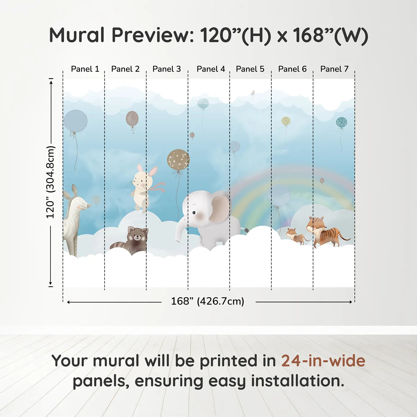 Whimsy Tots Rainbow Cloud Friends Wall Muraldimension view (120" H x 168" W). Printed in seven 24-inch-wide panels. Gender-Neutral