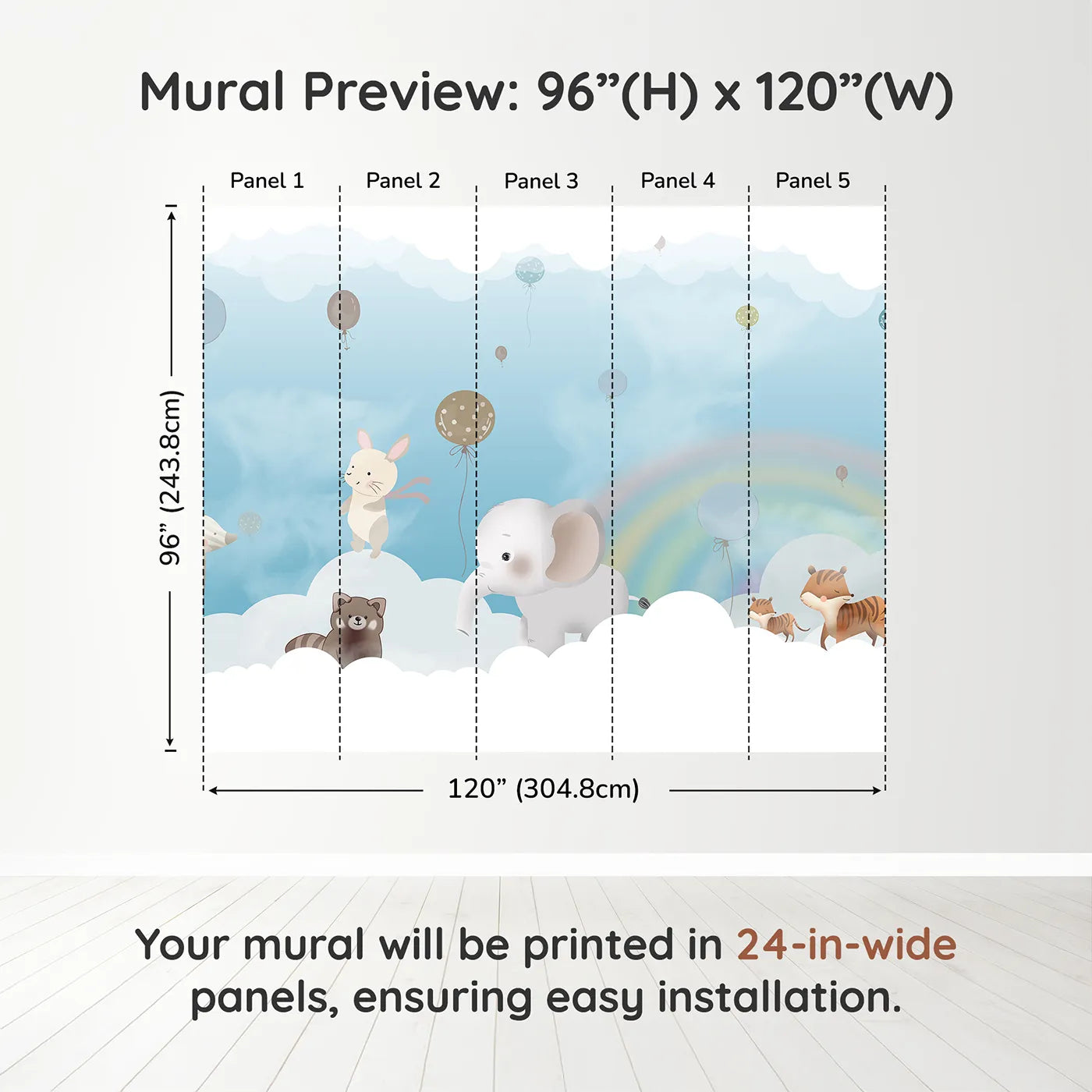 Whimsy Tots Rainbow Cloud Friends Wall Muraldimension view (96" H x 120" W). Printed in five 24-inch-wide panels. Gender-Neutral