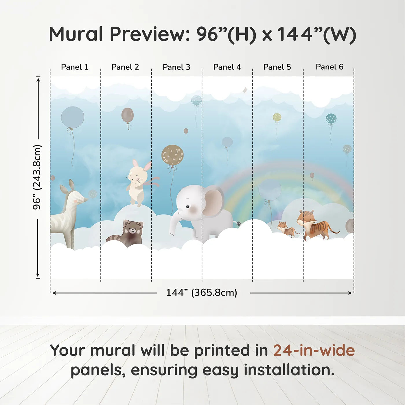 Whimsy Tots Rainbow Cloud Friends Wall Muraldimension view (96" H x 144" W). Printed in six 24-inch-wide panels. Gender-Neutral