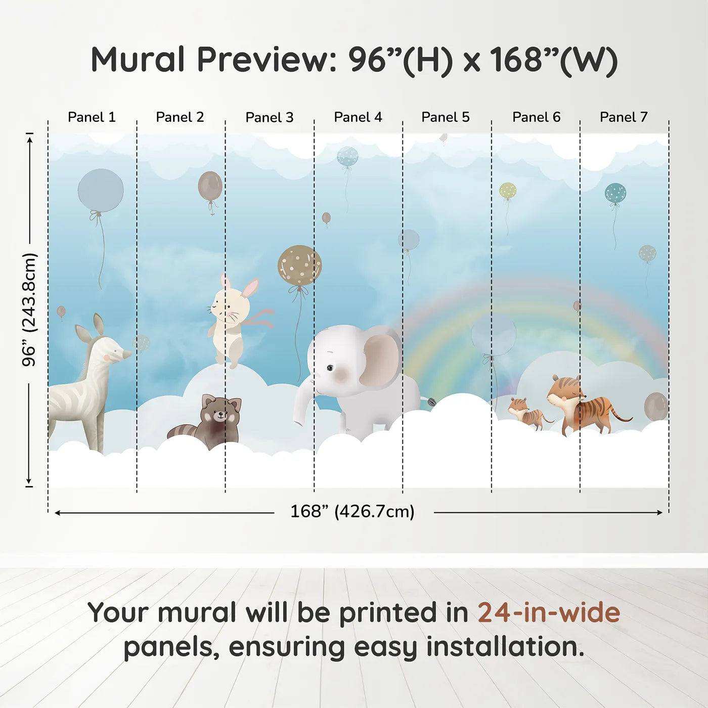 Whimsy Tots Rainbow Cloud Friends Wall Muraldimension view (96" H x 168" W). Printed in seven 24-inch-wide panels. Gender-Neutral